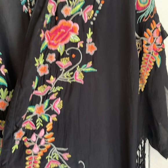 Johnny Was |Black Floral Embroidered Kimono with Fringe - Picture 5 of 11